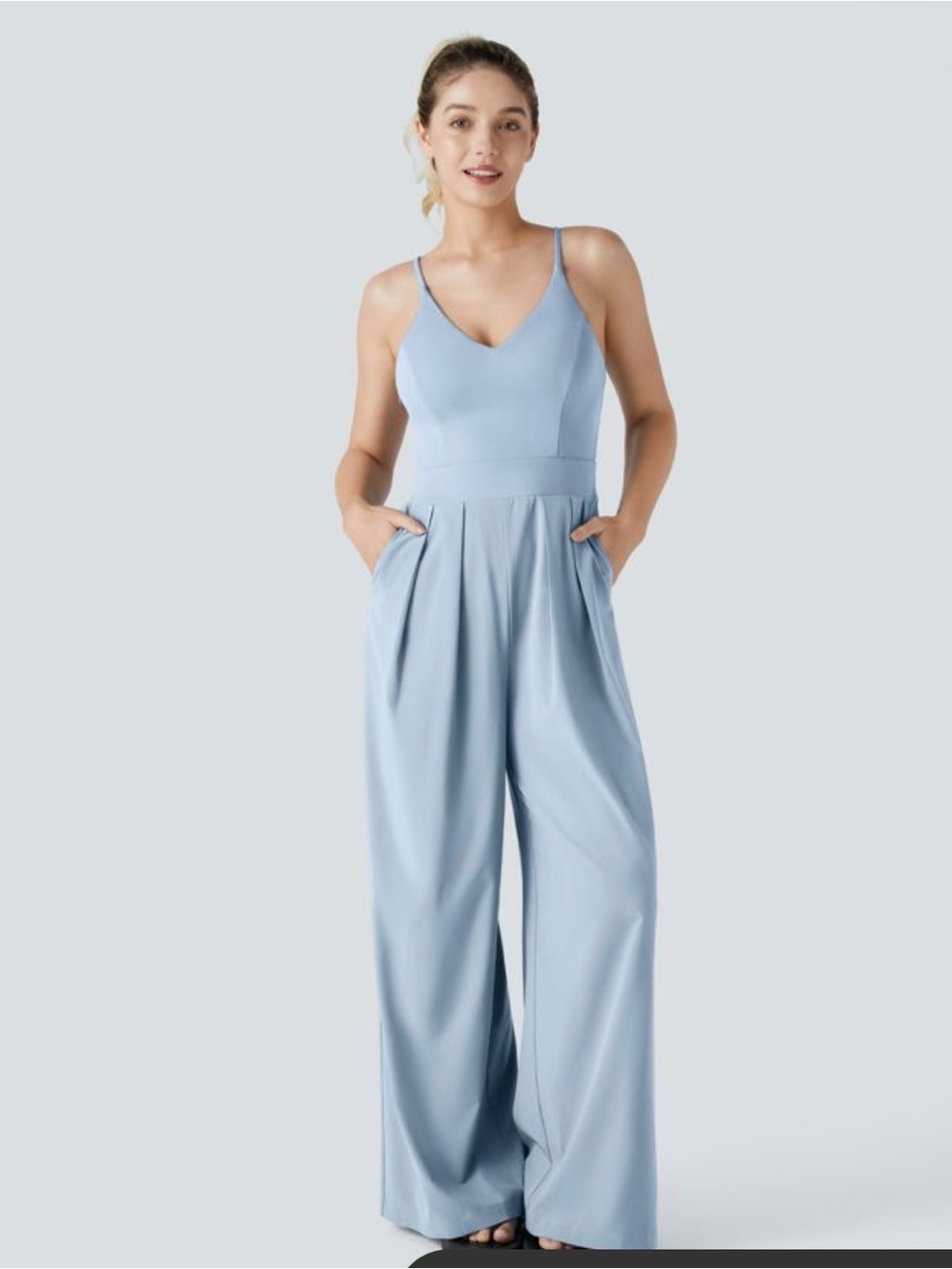 HALARA Light Blue V-Neck Wide-Leg Jumpsuit